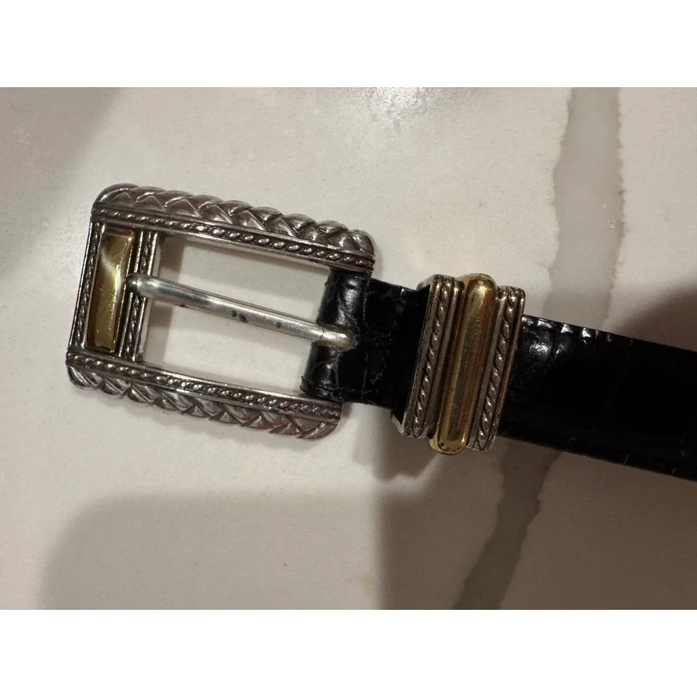 Brighton Black‎ Croc Embossed Leather Belt Silver Gold Two Tone Buckle Womens M
